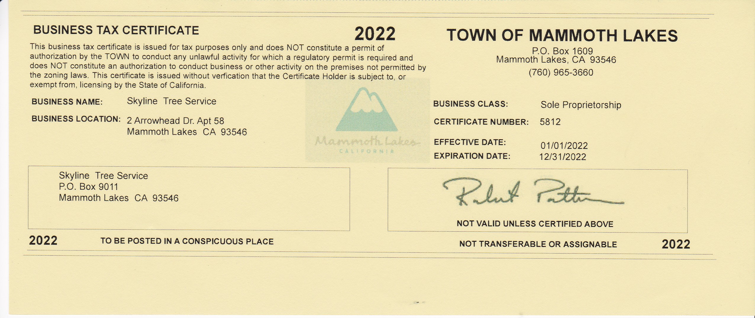 Mammoth Lakes Business Tax Certificate